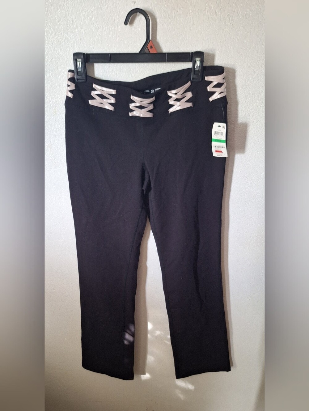 Material Girl Black Flare Ponte Pants with Light Pink Waist Lacing